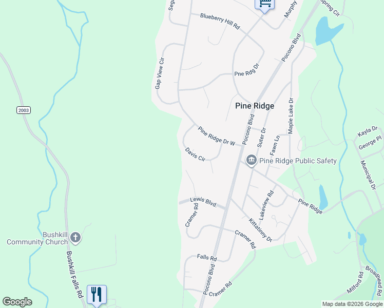 map of restaurants, bars, coffee shops, grocery stores, and more near Davis Circle in Bushkill