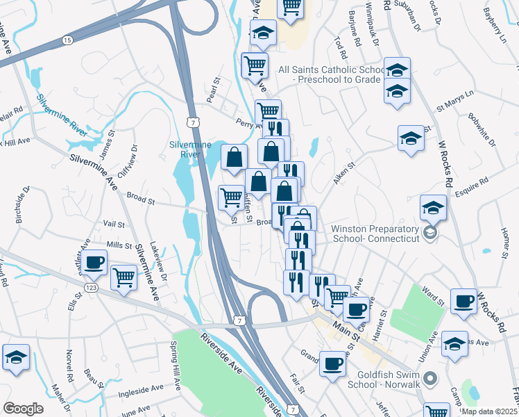 map of restaurants, bars, coffee shops, grocery stores, and more near 4 Broad Street in Norwalk