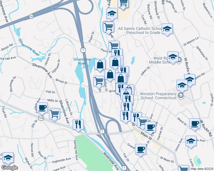 map of restaurants, bars, coffee shops, grocery stores, and more near 3 Sniffen Street in Norwalk