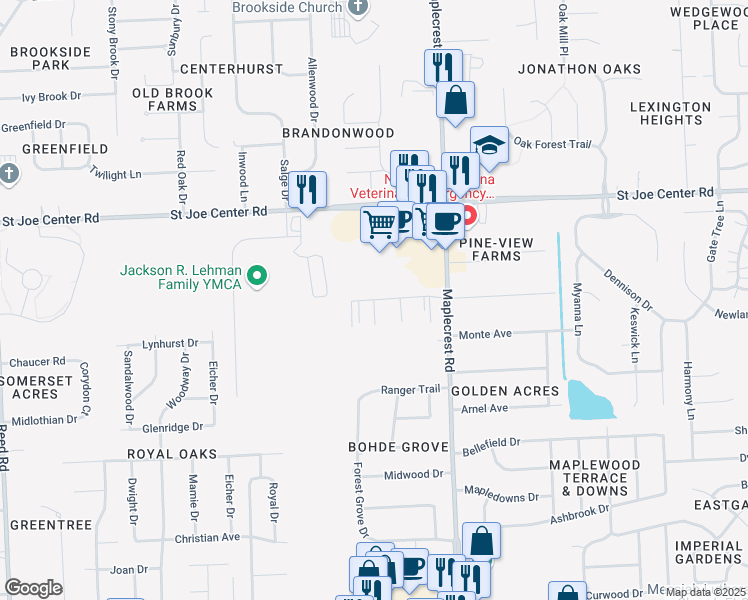 map of restaurants, bars, coffee shops, grocery stores, and more near Pickawillany Court in Fort Wayne