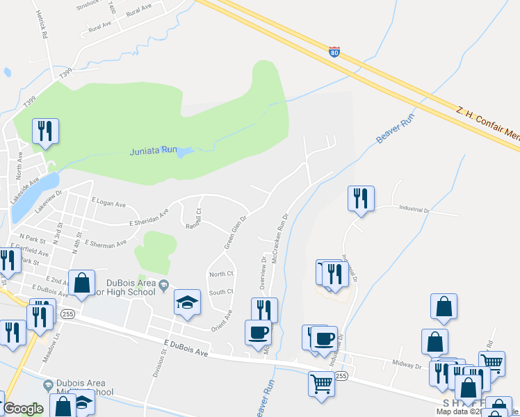 map of restaurants, bars, coffee shops, grocery stores, and more near 2007 Green Glen Drive in DuBois
