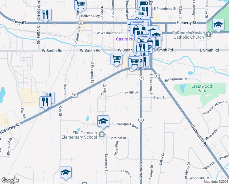 map of restaurants, bars, coffee shops, grocery stores, and more near 24 Circle Drive in Medina