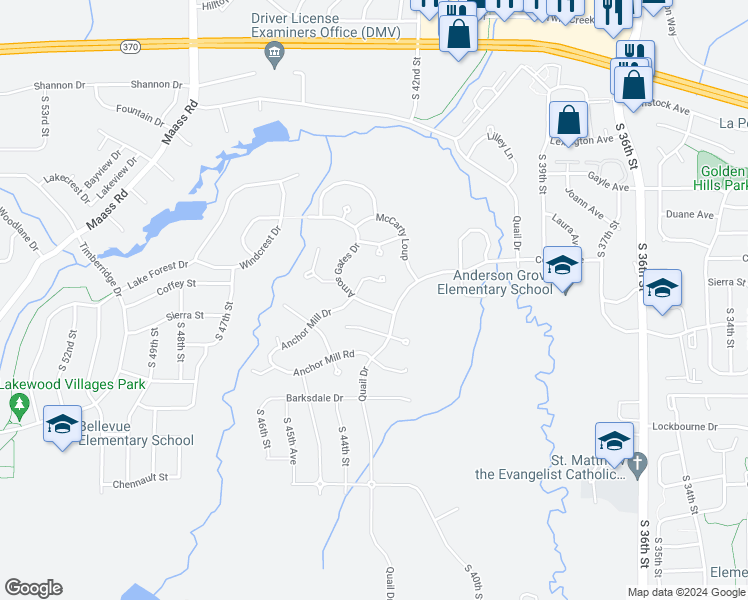 map of restaurants, bars, coffee shops, grocery stores, and more near 4314 Amos Gates Drive in Bellevue