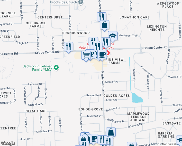 map of restaurants, bars, coffee shops, grocery stores, and more near Bissot Boulevard in Fort Wayne