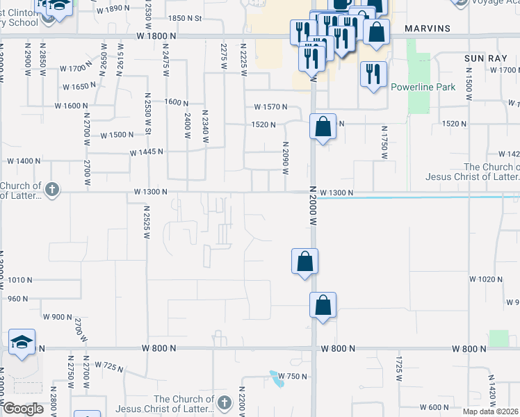 map of restaurants, bars, coffee shops, grocery stores, and more near 2166 West 1230 North in Clinton