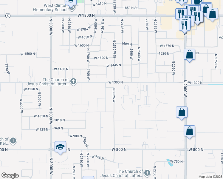 map of restaurants, bars, coffee shops, grocery stores, and more near 1251 North 2525 West in Clinton