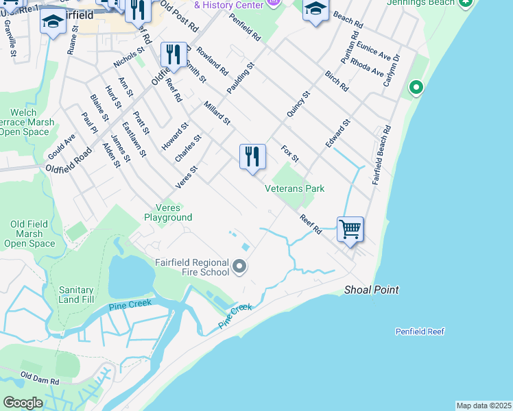 map of restaurants, bars, coffee shops, grocery stores, and more near 185 Forest Avenue in Fairfield