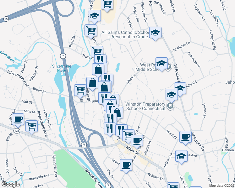 map of restaurants, bars, coffee shops, grocery stores, and more near 29 Aiken Street in Norwalk