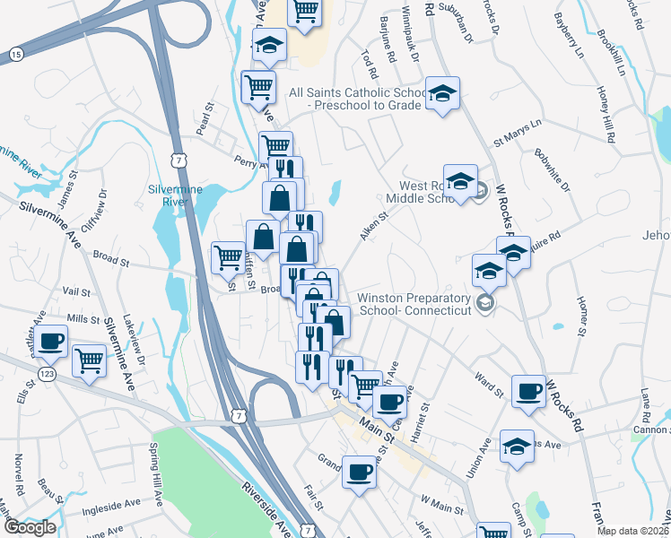 map of restaurants, bars, coffee shops, grocery stores, and more near 29 Aiken Street in Norwalk