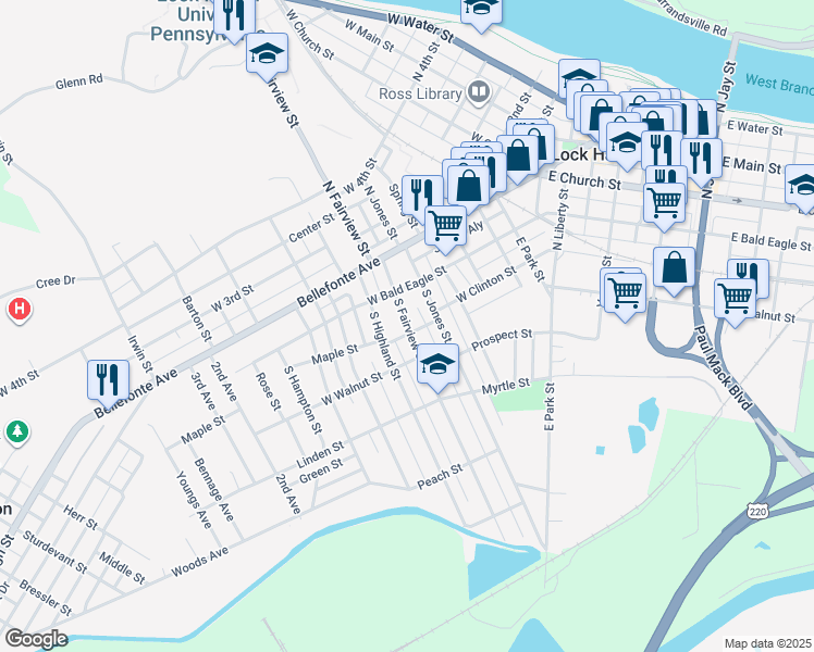 map of restaurants, bars, coffee shops, grocery stores, and more near 208 South Fairview Street in Lock Haven