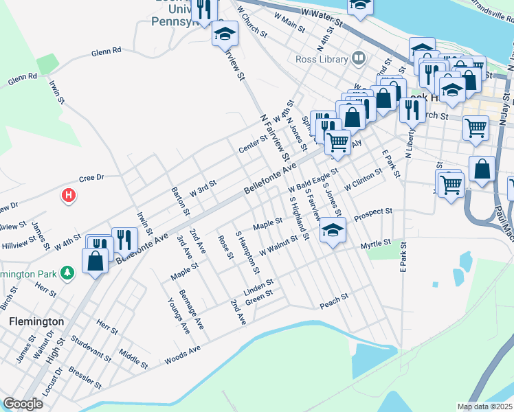 map of restaurants, bars, coffee shops, grocery stores, and more near 101 Pearl Street in Lock Haven