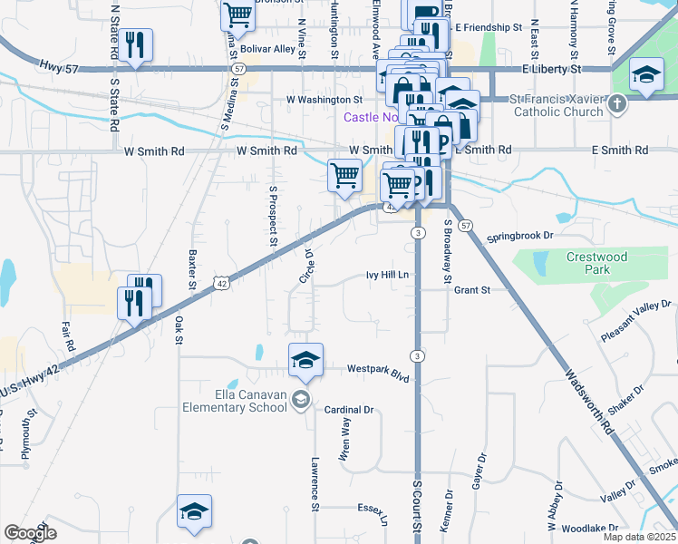 map of restaurants, bars, coffee shops, grocery stores, and more near 24 Circle Drive in Medina