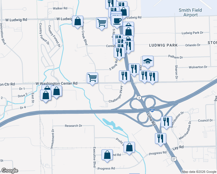 map of restaurants, bars, coffee shops, grocery stores, and more near 5810 Challenger Parkway in Fort Wayne
