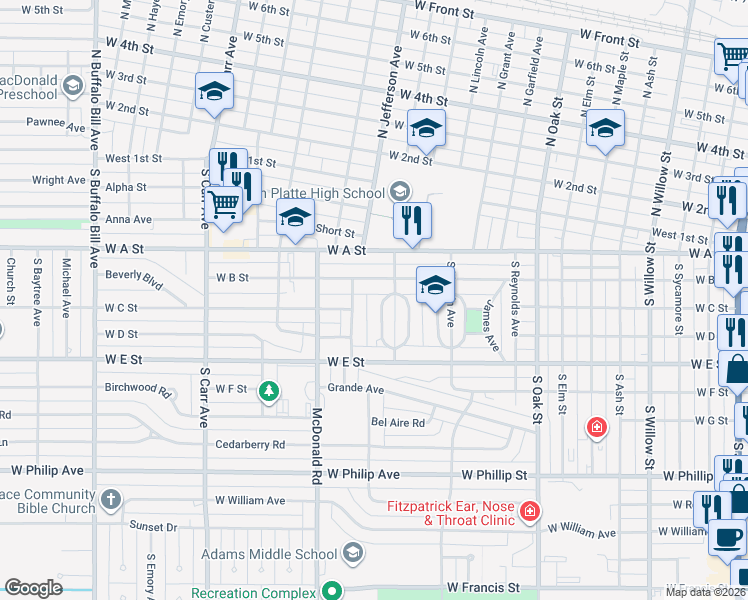 map of restaurants, bars, coffee shops, grocery stores, and more near Circle Dr in North Platte