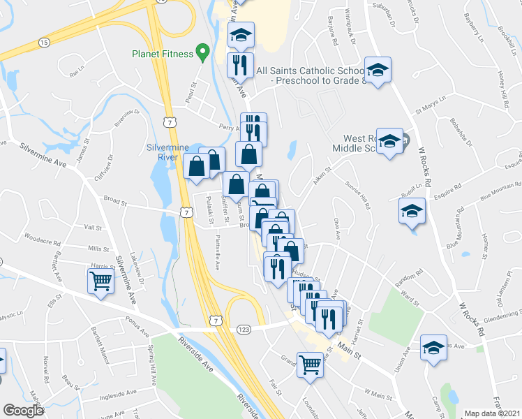 map of restaurants, bars, coffee shops, grocery stores, and more near 253 Main Avenue in Norwalk