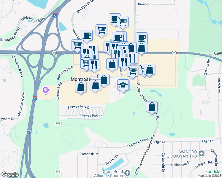 map of restaurants, bars, coffee shops, grocery stores, and more near 100 Brookmont Road in Akron