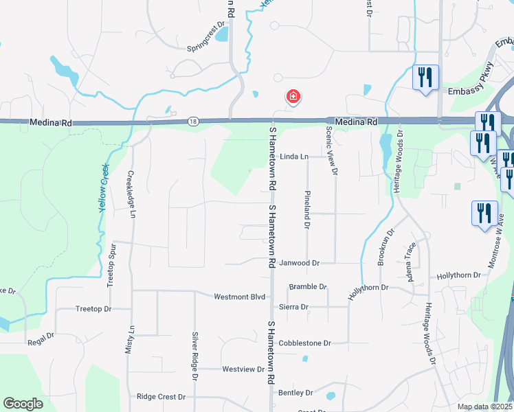 map of restaurants, bars, coffee shops, grocery stores, and more near 4410 Hillside Drive in Akron