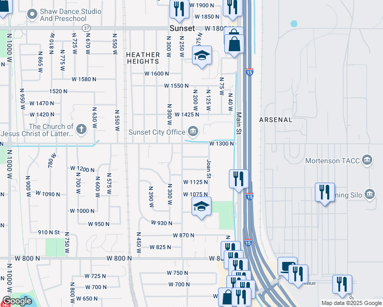 map of restaurants, bars, coffee shops, grocery stores, and more near 204 West 1250 North in Sunset