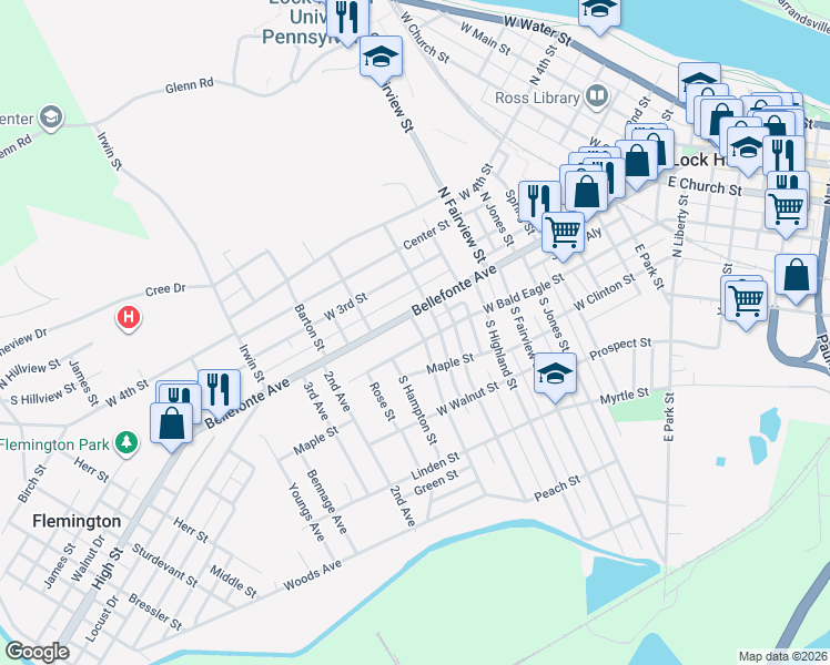 map of restaurants, bars, coffee shops, grocery stores, and more near 51 Pearl Street in Lock Haven