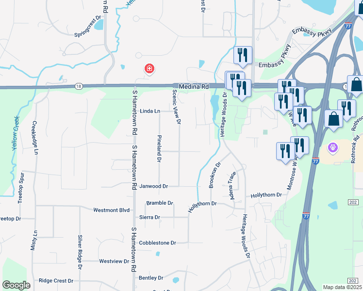 map of restaurants, bars, coffee shops, grocery stores, and more near 161 Scenic View Drive in Akron
