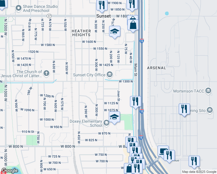map of restaurants, bars, coffee shops, grocery stores, and more near 204 West 1250 North in Sunset