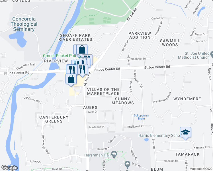 map of restaurants, bars, coffee shops, grocery stores, and more near 5722 Bluebird Court in Fort Wayne