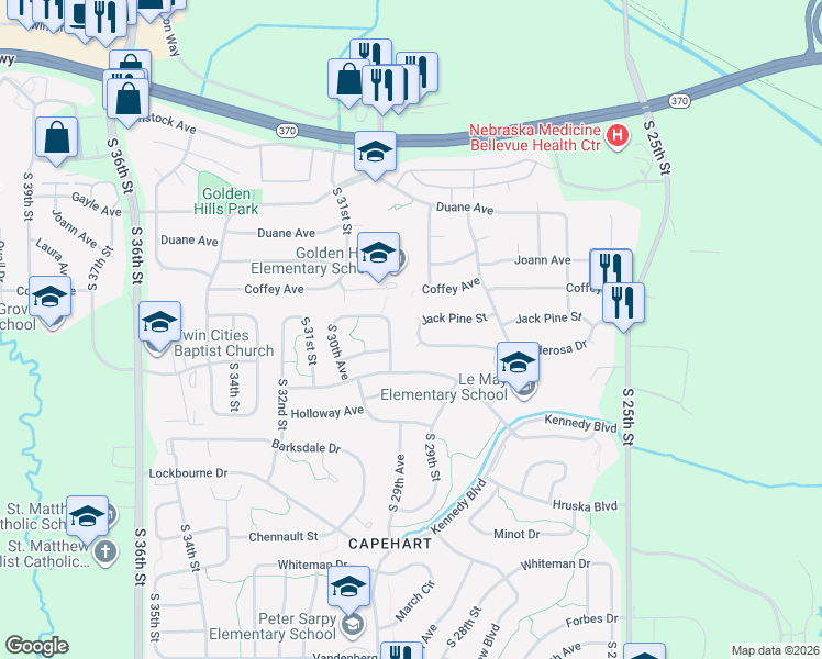 map of restaurants, bars, coffee shops, grocery stores, and more near 2918 Jack Pine Street in Bellevue