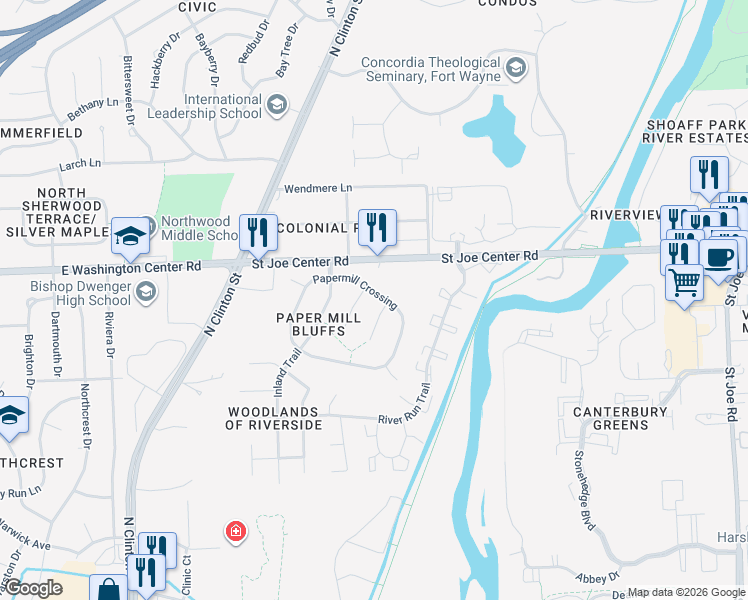 map of restaurants, bars, coffee shops, grocery stores, and more near 5725 Millbridge Court in Fort Wayne