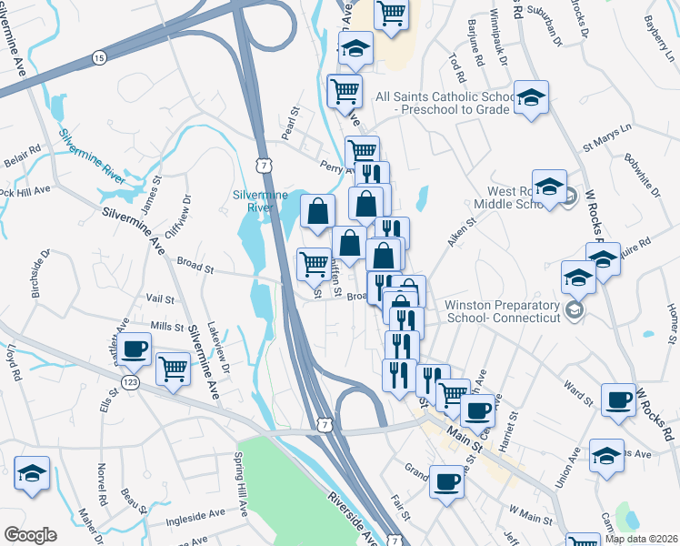 map of restaurants, bars, coffee shops, grocery stores, and more near 3 Sniffen Street in Norwalk