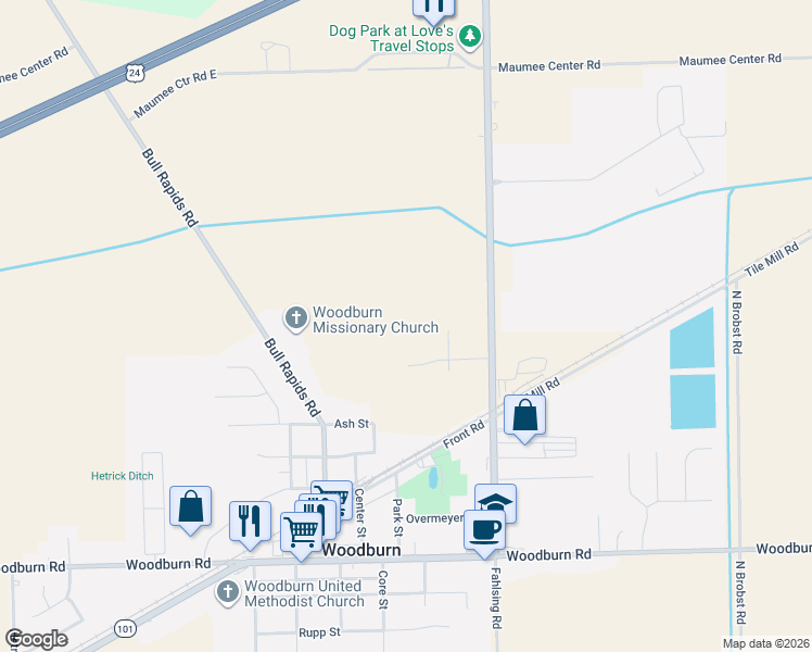 map of restaurants, bars, coffee shops, grocery stores, and more near 22417 Ash Street in Woodburn