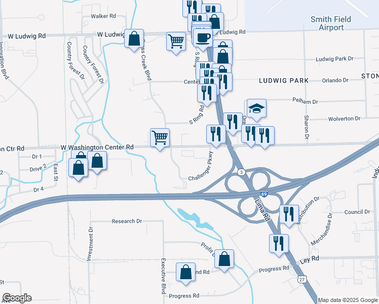 map of restaurants, bars, coffee shops, grocery stores, and more near 5810 Challenger Parkway in Fort Wayne