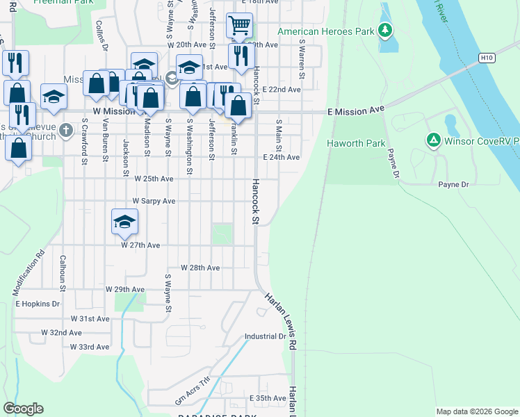 map of restaurants, bars, coffee shops, grocery stores, and more near 2531 South Hancock Street in Bellevue