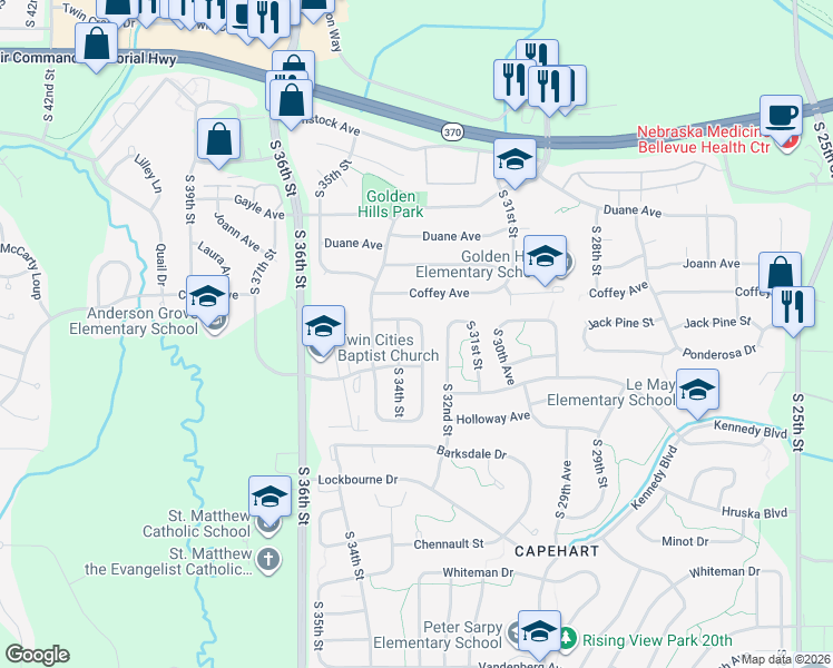 map of restaurants, bars, coffee shops, grocery stores, and more near 11817 South 34th Street in Bellevue