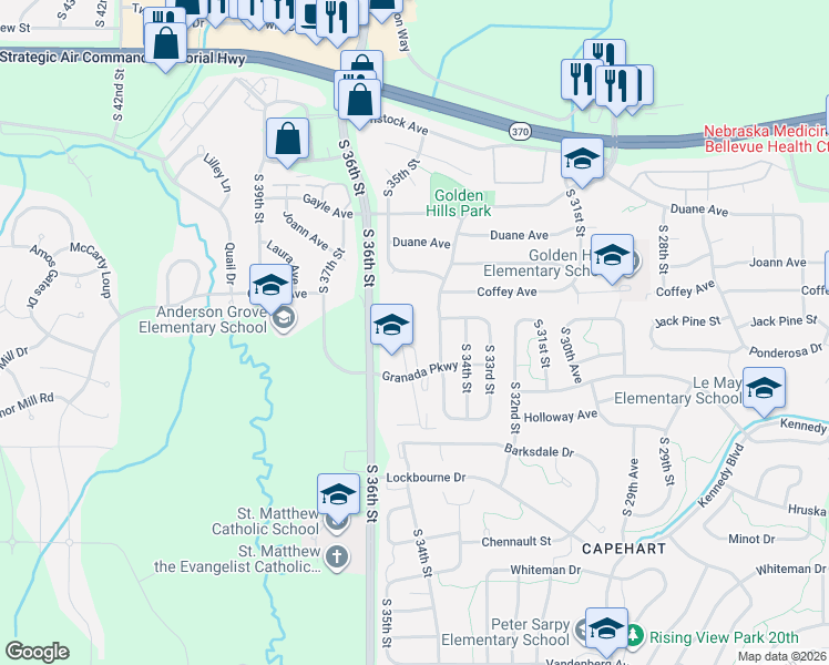 map of restaurants, bars, coffee shops, grocery stores, and more near 11812 Amerado Boulevard in Bellevue
