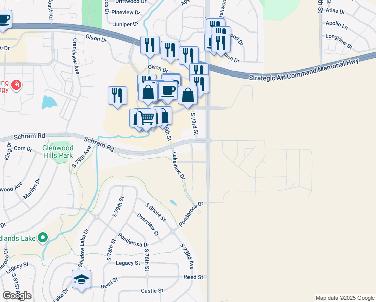 map of restaurants, bars, coffee shops, grocery stores, and more near 7451 Shadow Lake Plaza in Papillion