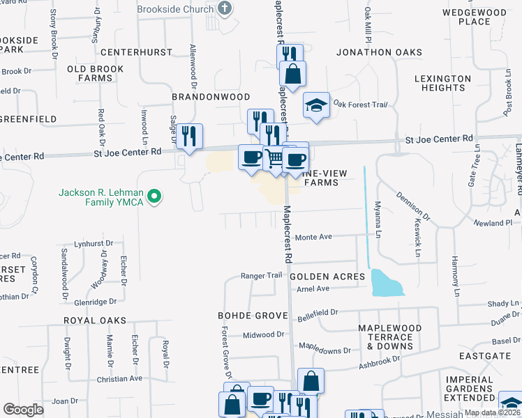 map of restaurants, bars, coffee shops, grocery stores, and more near 5418 Kinzie Court in Fort Wayne