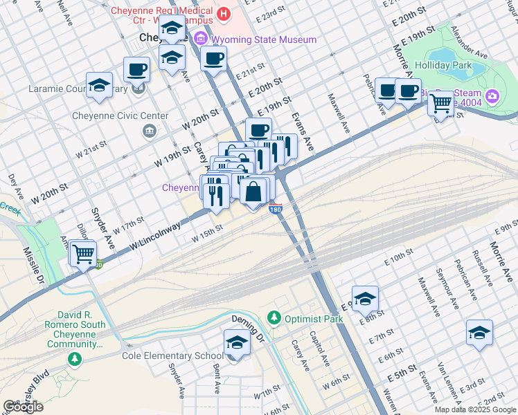 map of restaurants, bars, coffee shops, grocery stores, and more near 121 West 15th Street in Cheyenne