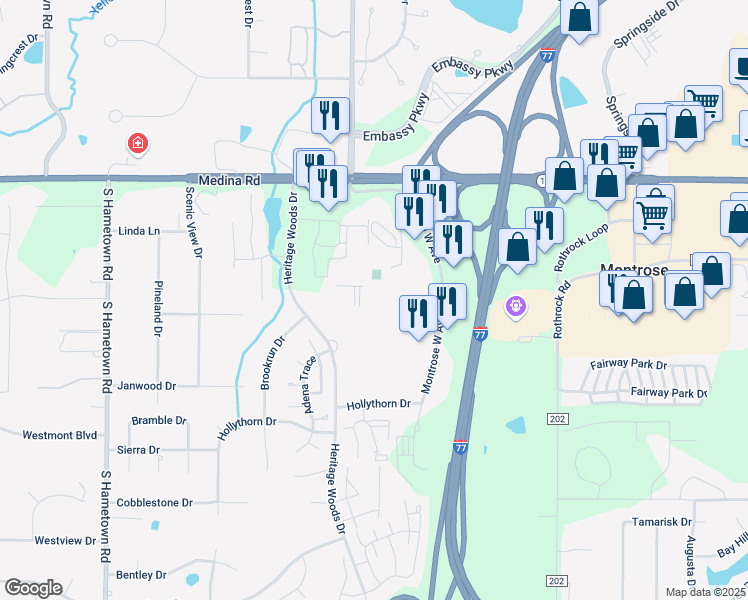 map of restaurants, bars, coffee shops, grocery stores, and more near 114 Hunt Club Drive in Akron