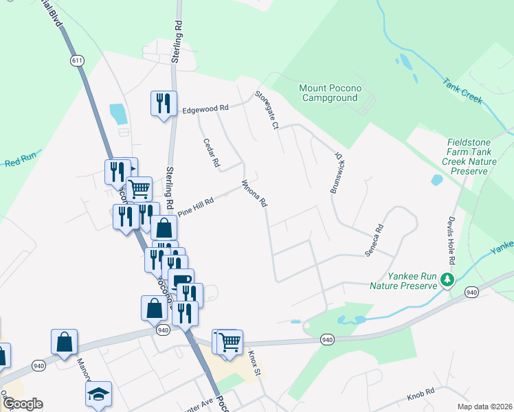 map of restaurants, bars, coffee shops, grocery stores, and more near 127 Winona Road in Mount Pocono