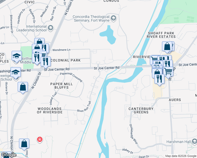 map of restaurants, bars, coffee shops, grocery stores, and more near 5710 River Run Trail in Fort Wayne