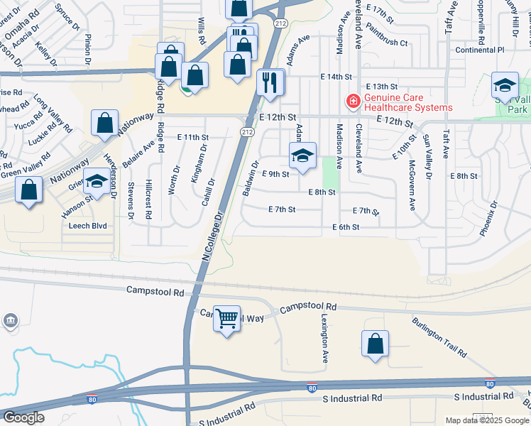 map of restaurants, bars, coffee shops, grocery stores, and more near 3933 East 7th Street in Cheyenne