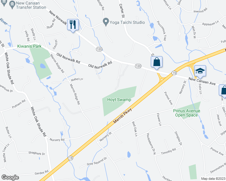 map of restaurants, bars, coffee shops, grocery stores, and more near 929 New Norwalk Road in New Canaan