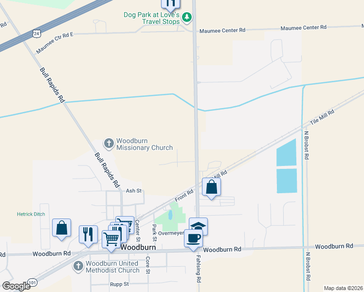 map of restaurants, bars, coffee shops, grocery stores, and more near 5022 Indiana 101 in Woodburn