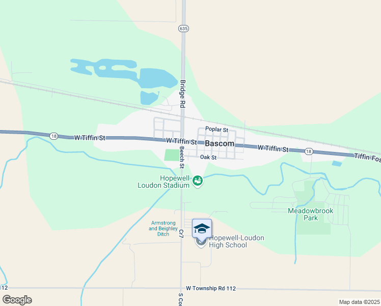 map of restaurants, bars, coffee shops, grocery stores, and more near 5962 Oak Street in Tiffin