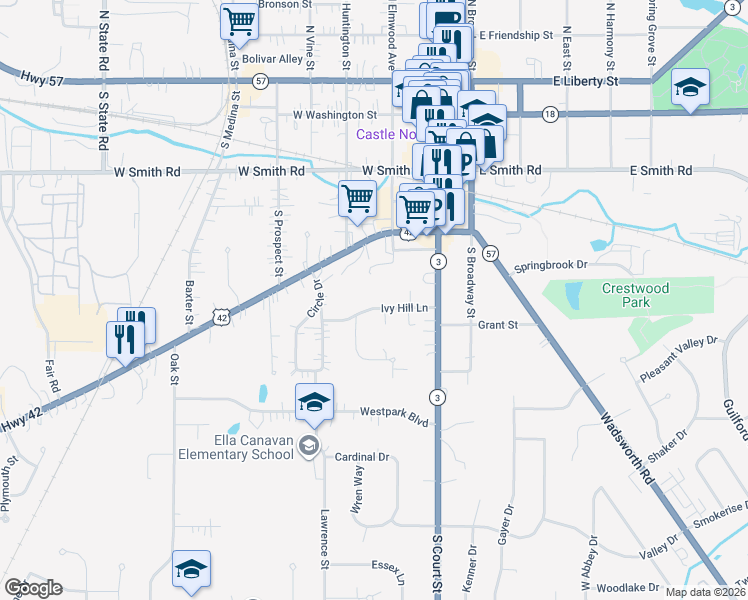 map of restaurants, bars, coffee shops, grocery stores, and more near 255 Ivy Hill Lane in Medina
