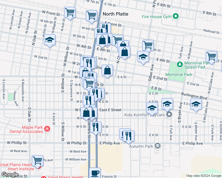 map of restaurants, bars, coffee shops, grocery stores, and more near 350-398 East C Street in North Platte