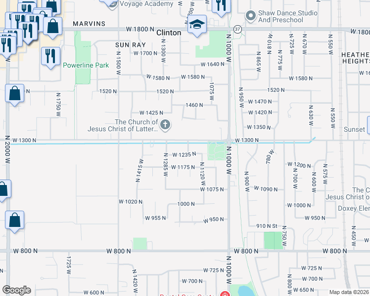 map of restaurants, bars, coffee shops, grocery stores, and more near 1179 West 1235 North in Clinton