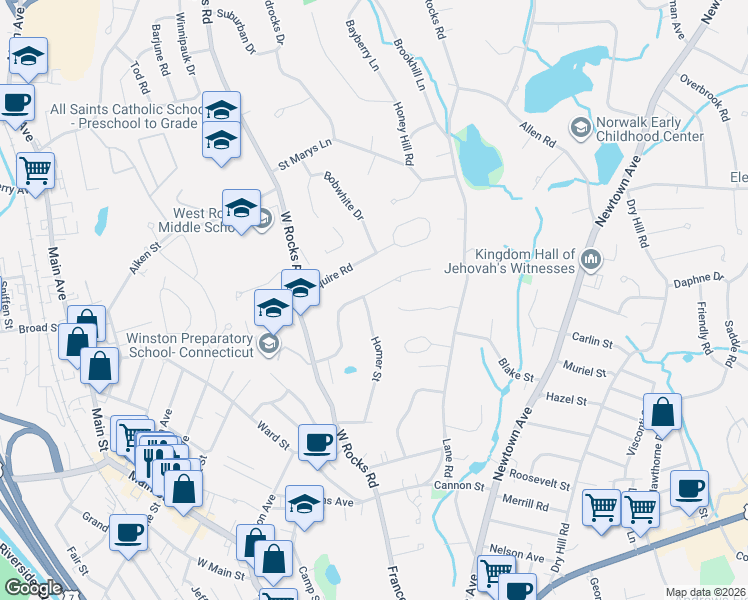 map of restaurants, bars, coffee shops, grocery stores, and more near 23 Blue Mountain Ridge in Norwalk