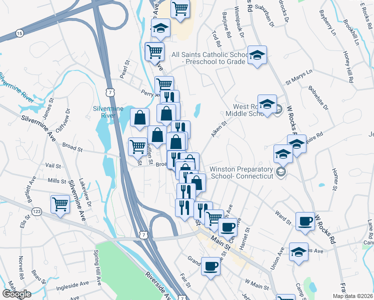 map of restaurants, bars, coffee shops, grocery stores, and more near 350 Main Street in Norwalk