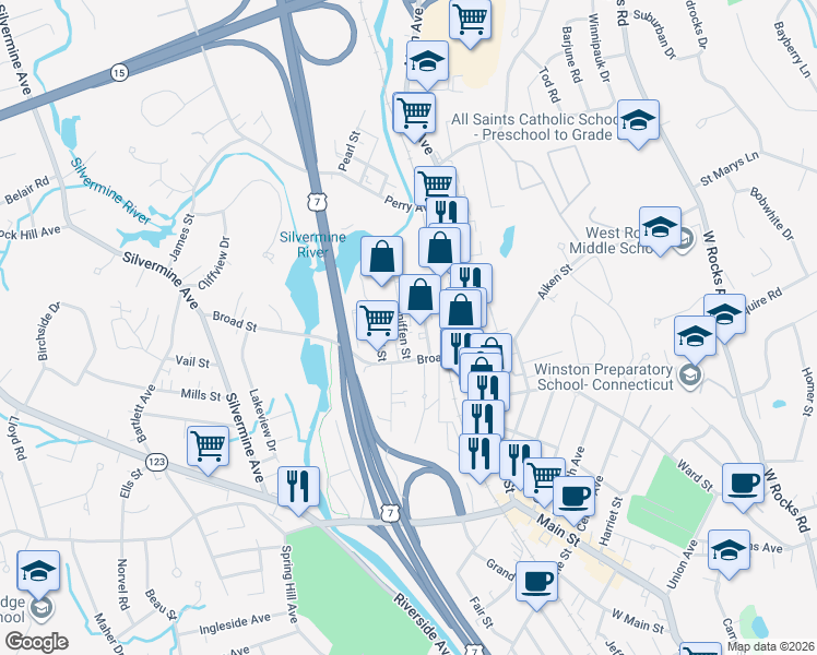 map of restaurants, bars, coffee shops, grocery stores, and more near 3 Sniffen Street in Norwalk